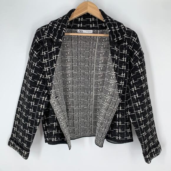 ZARA Chunky Knit Plaid Jacket Jewel Button Double Breasted Blazer Black White - Picture 13 of 16